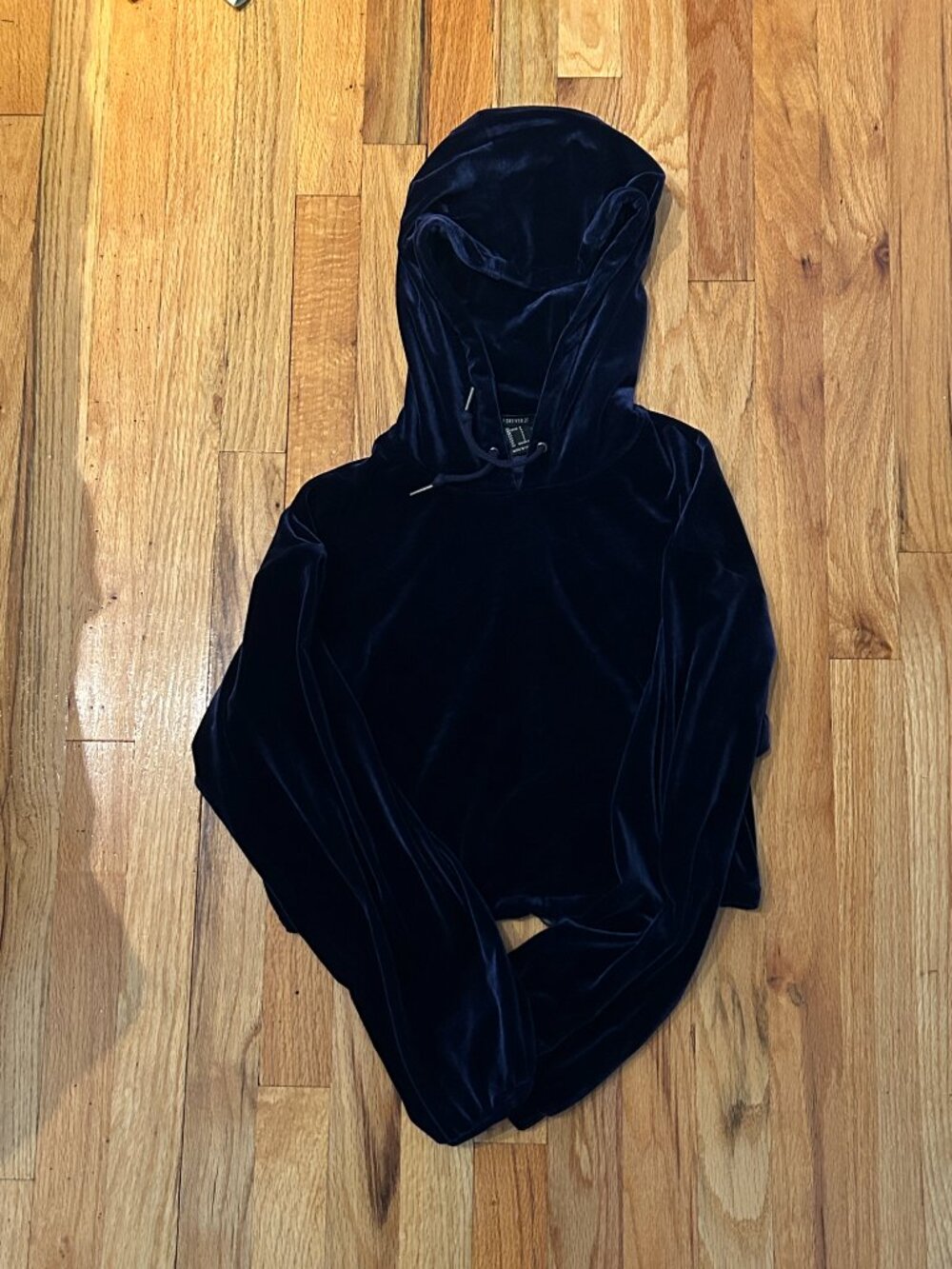 Forever 21 Dark Blue Faux Velvet Hoodie Women's Small Cropped - Picture 3 of 8